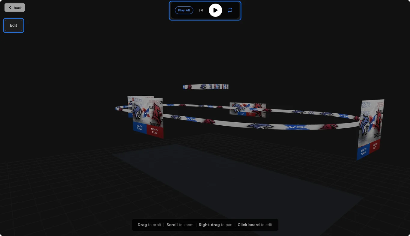 The Arena: an example venue in 3D, its two end zones, main board, wide board, centre-hung ring and ribbons all showing a South Town vs North City matchup, with Play All and Edit at the top