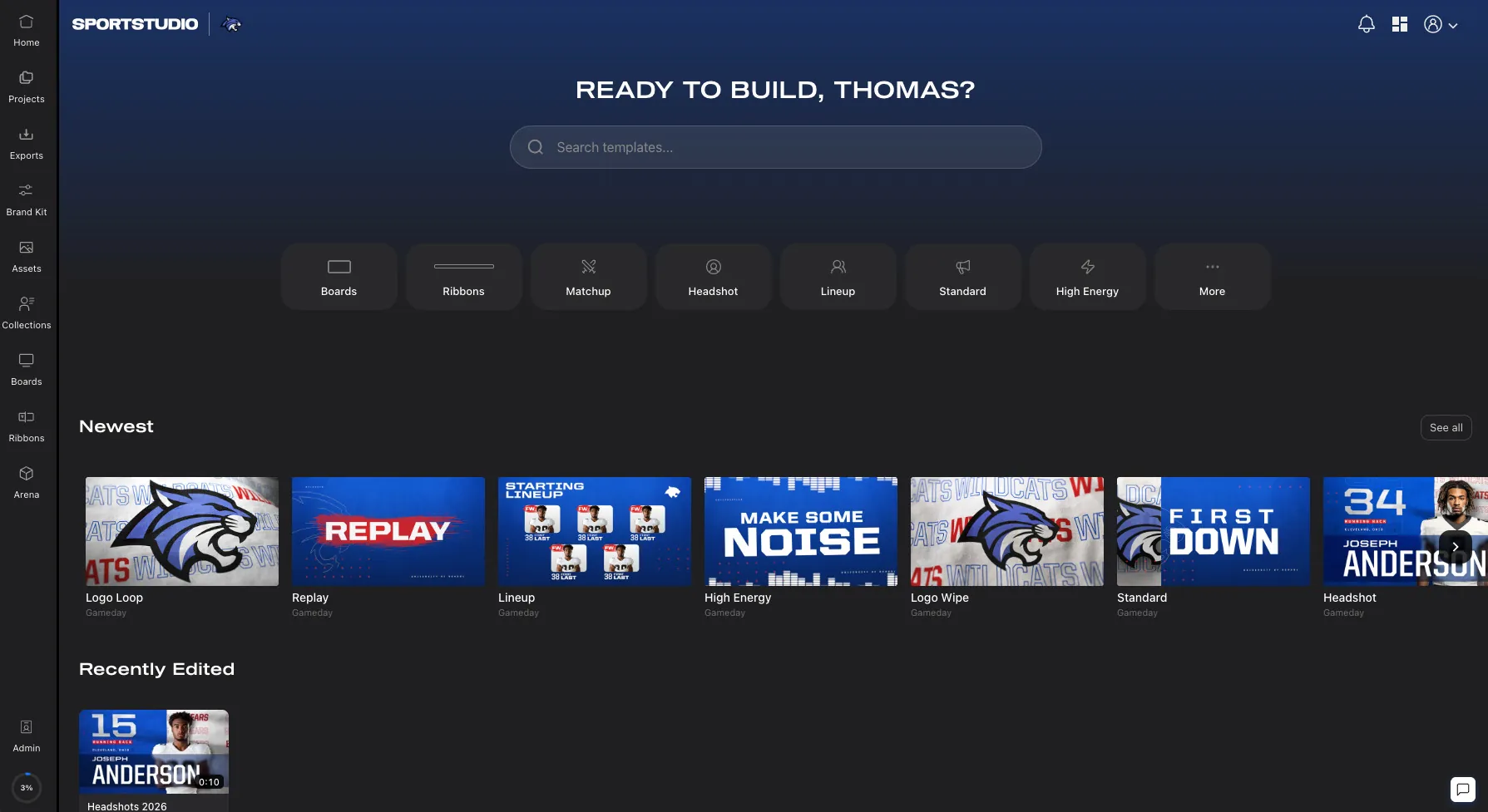 The SportStudio dashboard and template library