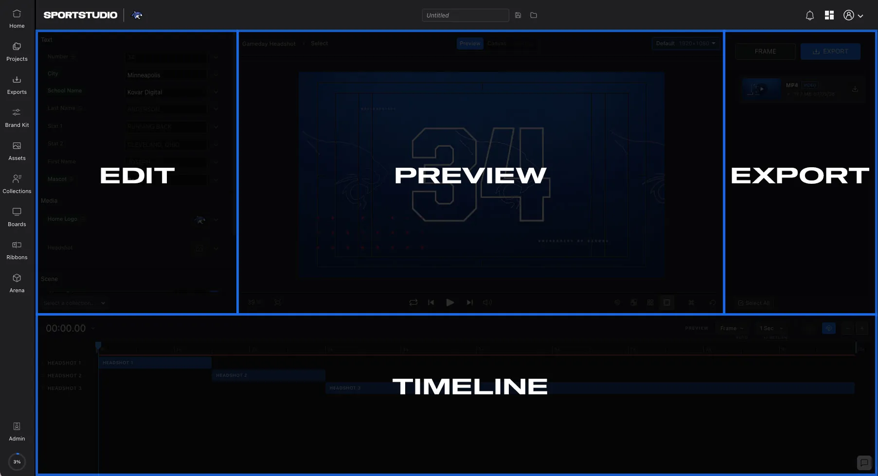 The SportStudio editor and its four panels