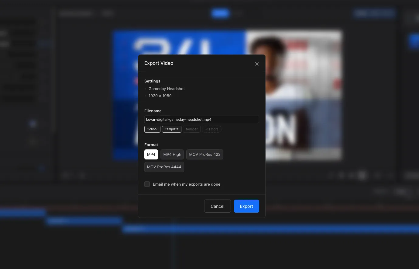 The Export Video dialog with filename, format, and email options