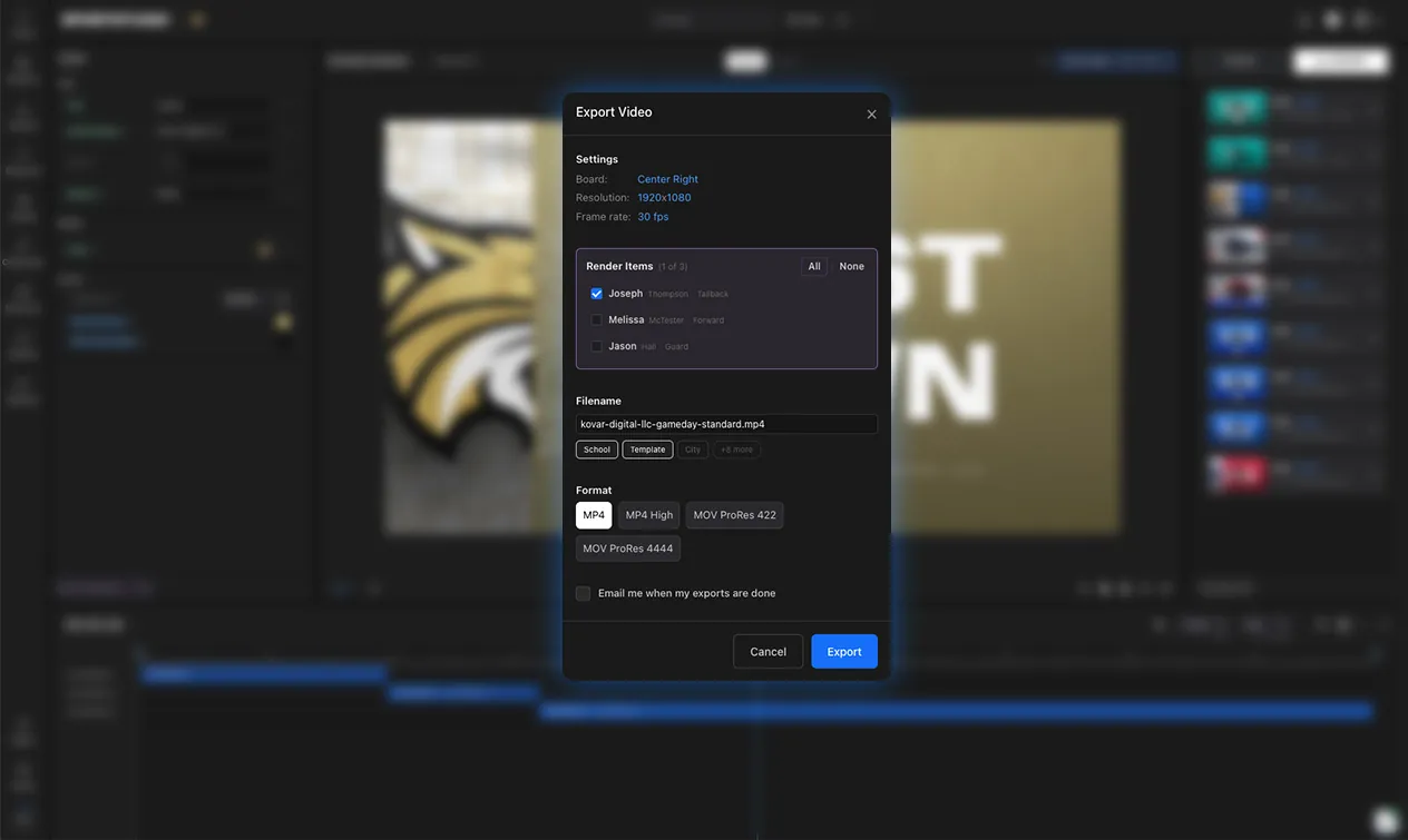 Exporting a batch of player videos from the editor