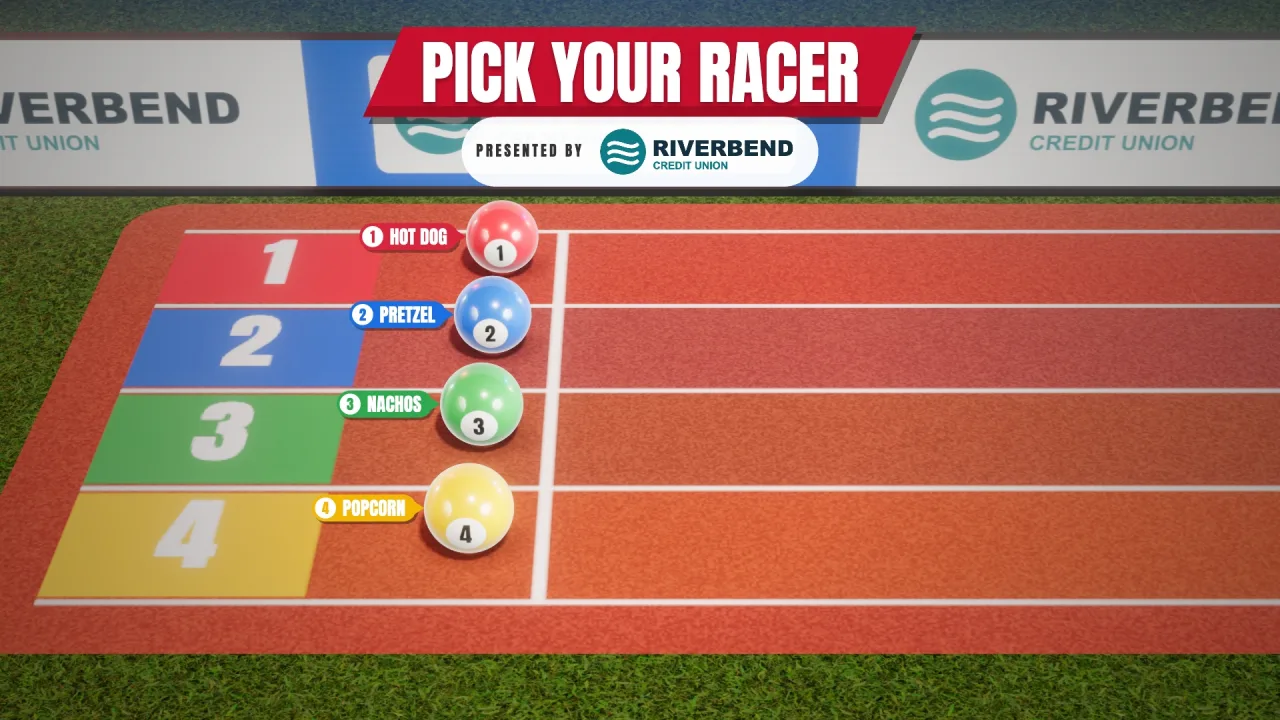 A race game on a stadium track with sponsor boards and a presented by line for a local credit union