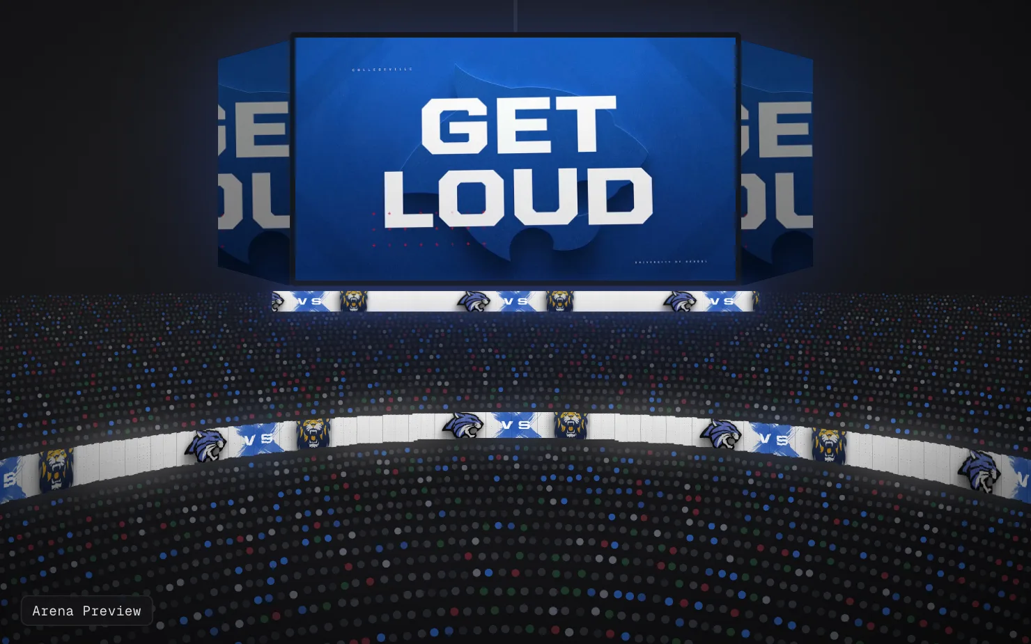 Arena preview of a matchup graphic on a center-hung board above a curved ribbon board