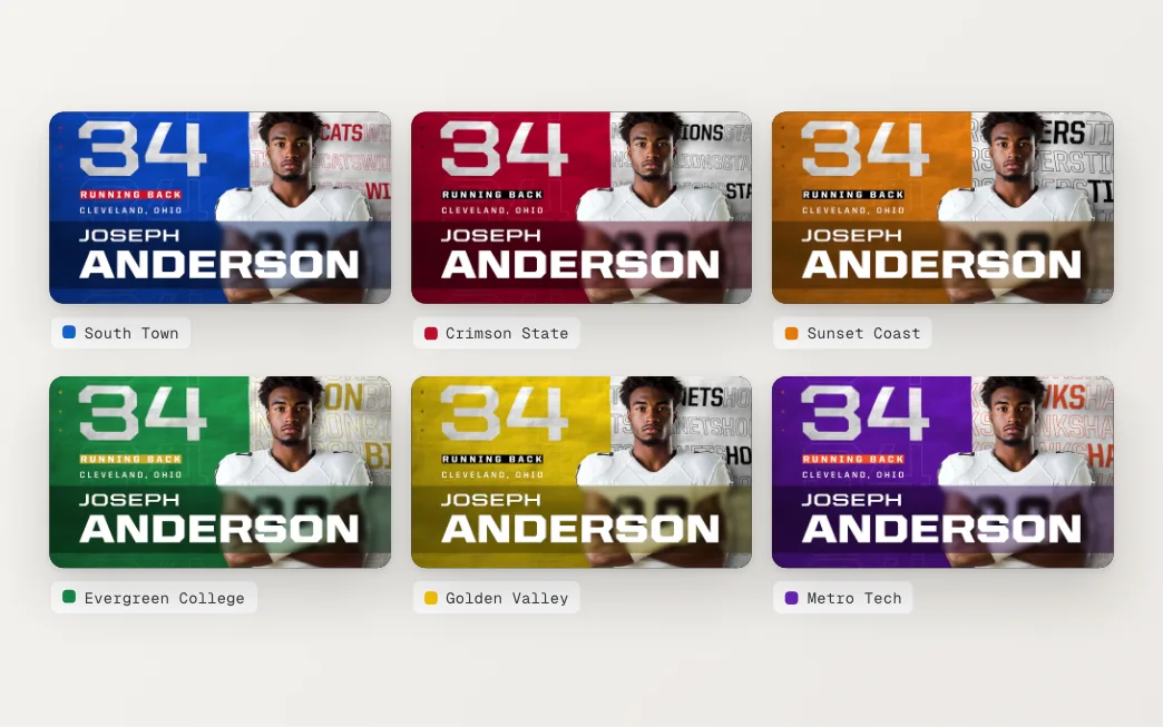 One player intro graphic rendered in six school color schemes