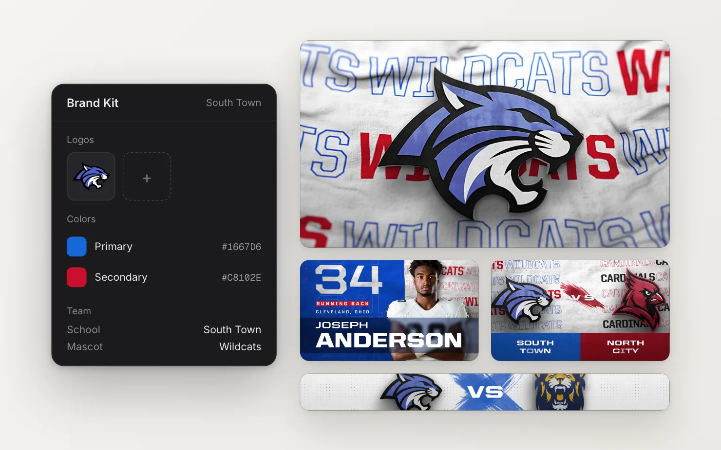 A Brand Kit with a school logo, two team colors and school details, applied to a hype video, a player intro, a matchup and a ribbon