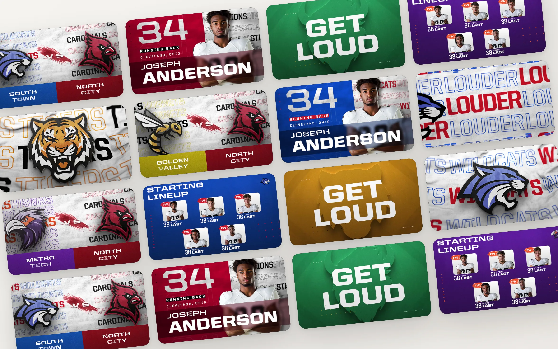 A wall of player intros, matchups, and hype graphics in different team colors