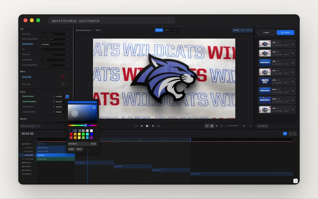 The SportStudio editor with a matchup graphic, the timeline and the color picker open