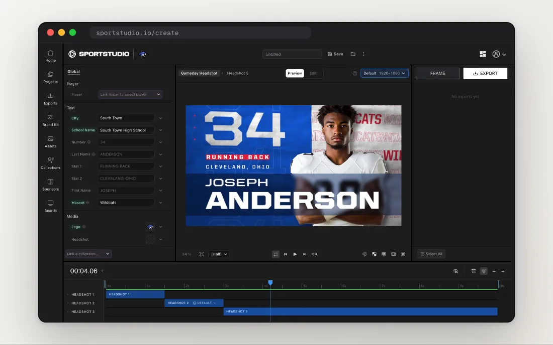 The SportStudio editor: a player intro on the canvas, its fields on the left and the timeline below