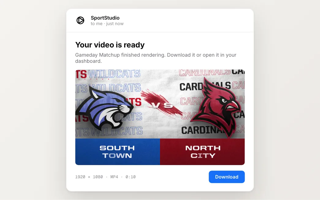 A render-ready email with a download button