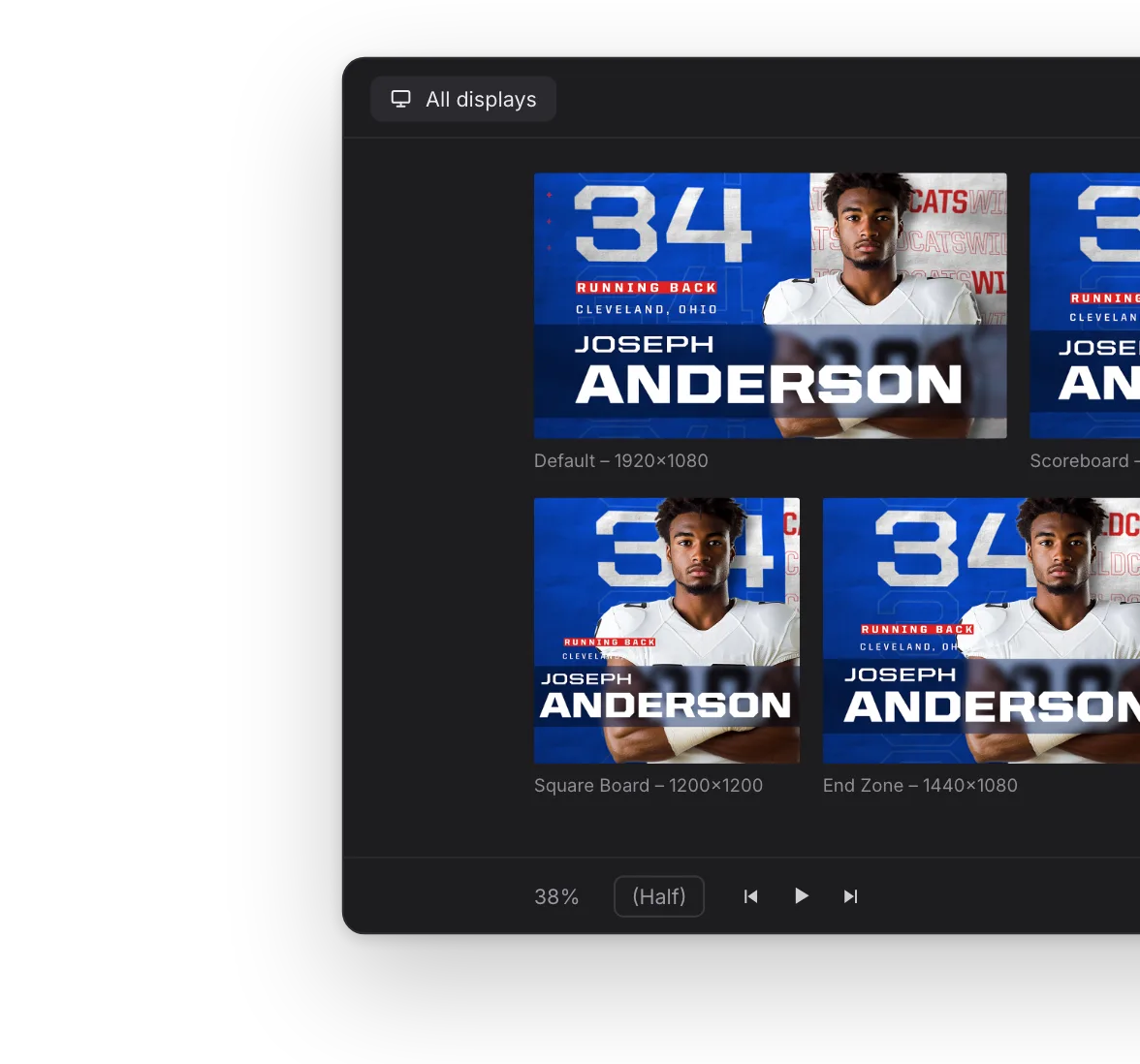A player's name, number, position and hometown in the editor, next to the player intro they fill