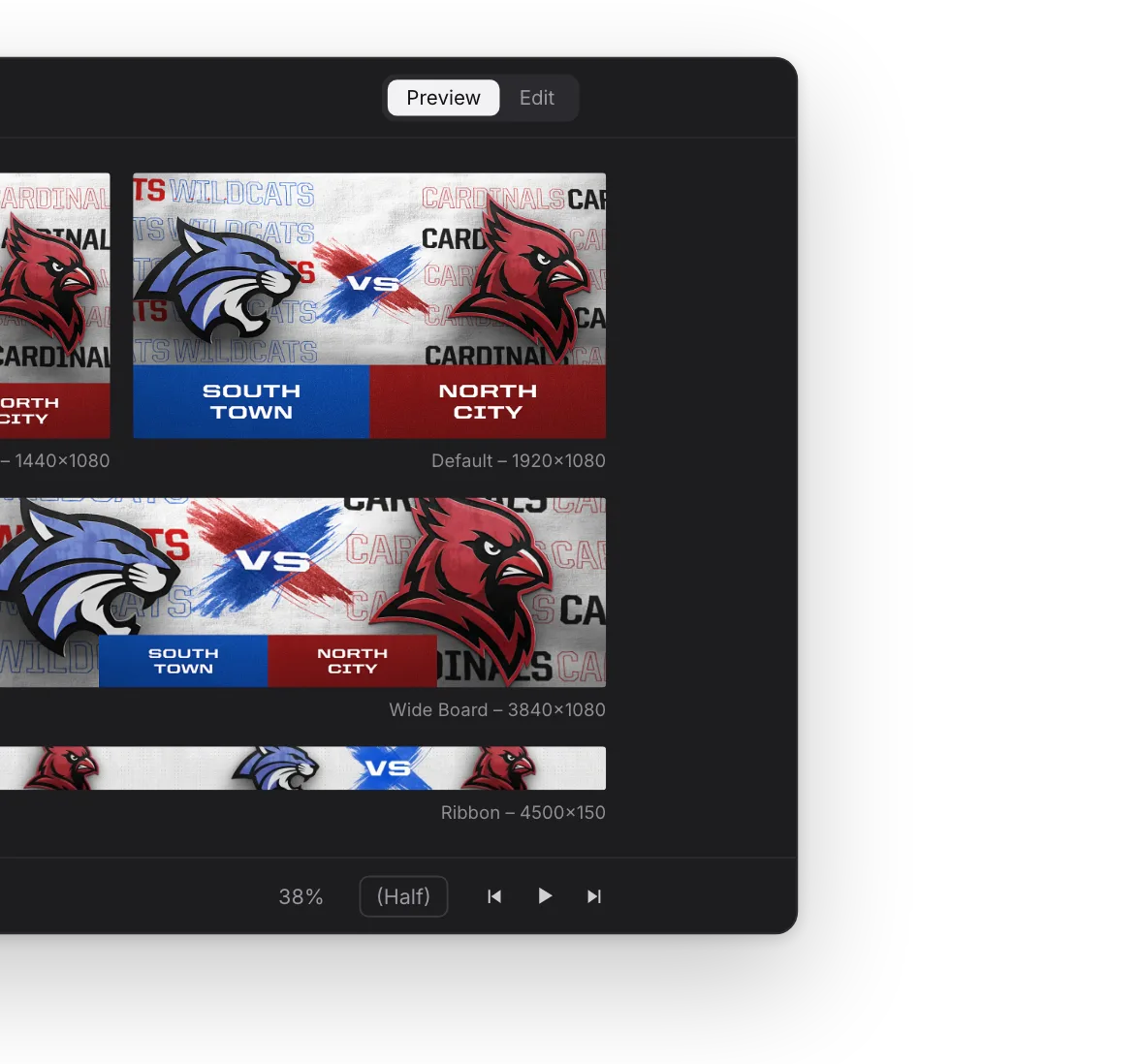 A matchup set up in the editor with the season schedule, next to its render and three more games