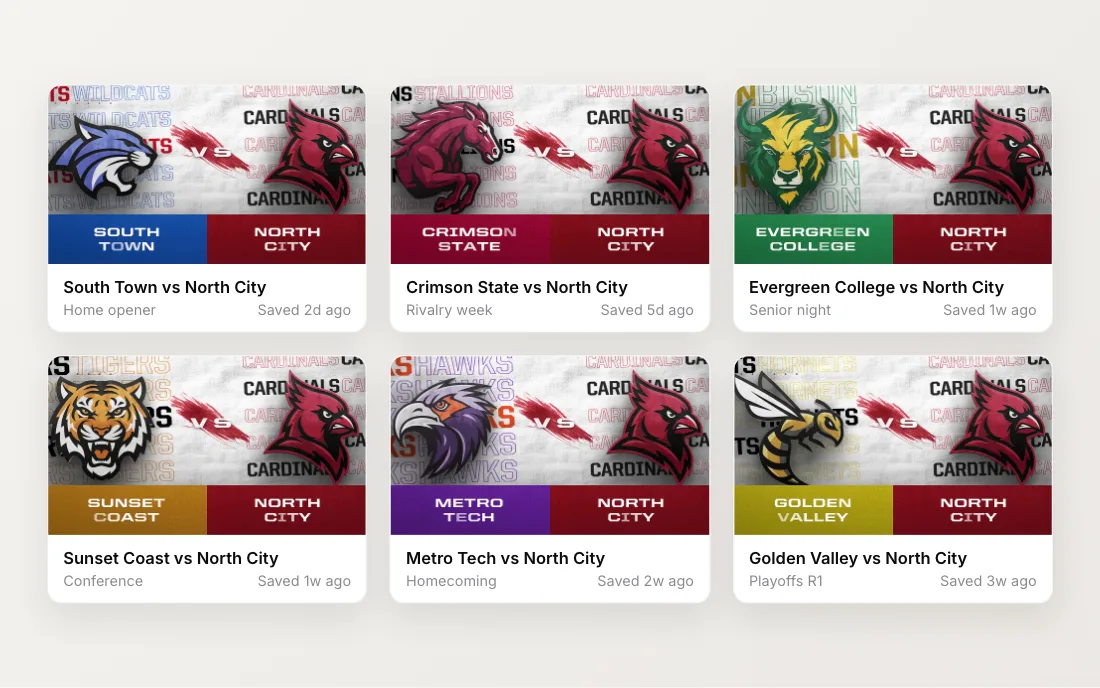 Saved matchups against six opponents, each in their own colors