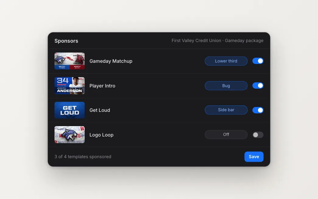Per-template sponsor toggles and placements for a sponsor package