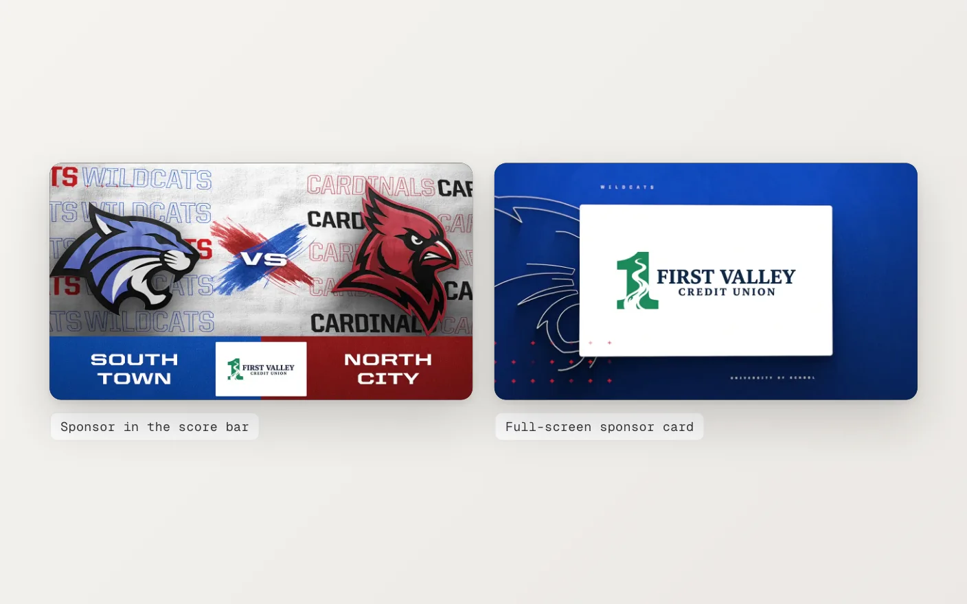 A sponsor logo in a matchup score bar and a full-screen sponsor card