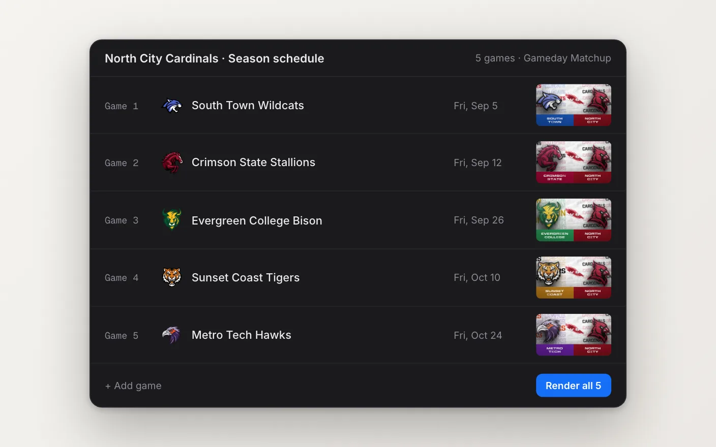 A season schedule of five games set up at once in one template